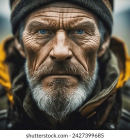 ealistic close-up image of a seasoned explorer's face, marked by weathered lines and a rugged beard. His eyes, squinting slightly, reflect years of outdoor adventures. The texture of his skin shows the effects of the sun and wind, and his gaze is focused