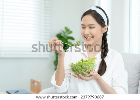 ealthy food. Beautiful female girl smiling enjoy eat fresh vegetable salad on breakfast health. Happy asian woman good emotion. dieting, detox, diet, lose weight, clean eat, vegetarian, nutritionist