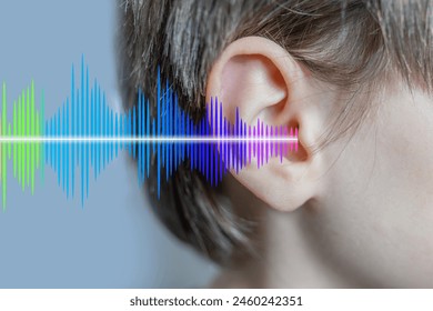 ear closeup, child listening, sound wave, acoustics and sound vibrations, Auditory System, Hearing Test, Cochlear implant, Assistive listening device