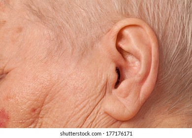 Ear Of Senior Woman. Close Up.