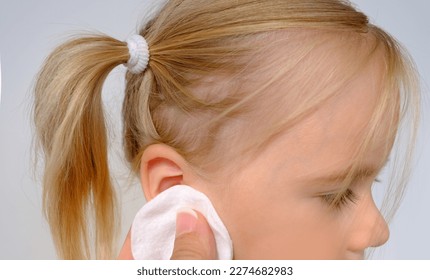 ear small patient, child, girl 3 years old, part face in profile close-up, medical concept, hearing control, middle ear inflammation, otitis media, diagnosis and treatment of ophthalmic, ear diseases - Shutterstock ID 2274682983