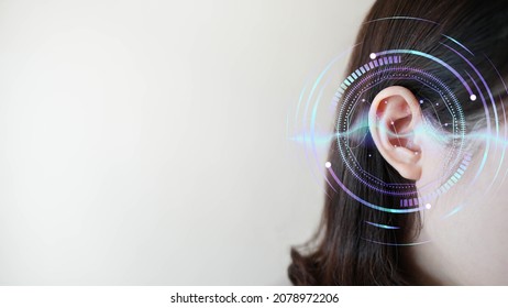 Ear Of Young Woman With Sound Waves Simulation Technology. Concept Of Hearing Test, Hearing Aids, Ear Disorders And Health Care.