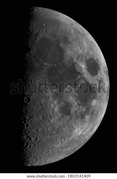 Earht\'s Moon in the First Quarter\
Phase showing high resolution craters, seas, mountains, shadows.\
Great for science lectures, space talks, and educational\
shows.