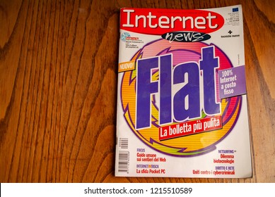 Early 2000s Internet Italian Magazine Speaking About Flat Connection.kitchen Wood Table Inside A Private Apartment. Italy Europe