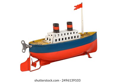 An early 20th century passenger toy boat isolated in white with clipping path.
Beautiful steamboat model for collectors.
 - Powered by Shutterstock