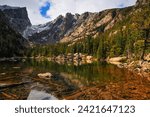 Early autumn on Dream Lake and Hallet Peak, Rocky Mountain National Park, Estes Park, Colorado, USA.