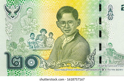 The Early Life Of H.M. King Bhumibol Adulyadej. Portrait From Thailand 20 Baht 2017 Banknotes. 