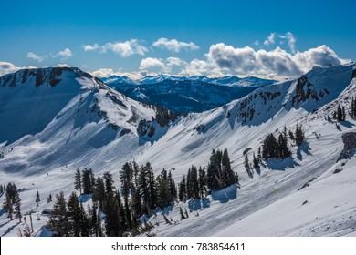 An Early Morning Aerial View Of The Ski Slopes At The Squaw Valley Ski Resort, In The Sierra Nevada Mountains Near Lake Tahoe, Home Of The Winter Olympics In 1960.