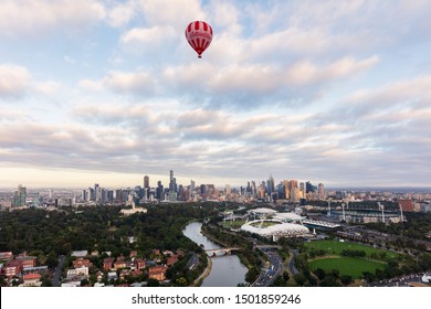 Early morning ballooning over the city of Melbourne and the Rod laver Arena Australia, summer 2017
