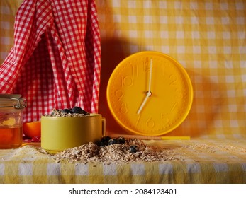 Early Morning Breakfast Of Oats And Fruit Wide Shot Selective Focus