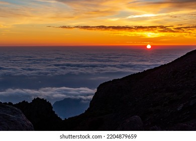 Early Morning Colorful Sunrise High Above Clouds Hiking In Madeira Island Mountains