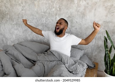 Early Morning Concept. Portrait Of Tired African American Male Waking Up Sitting In Bed In Bedroom At Home. Millennial Man Yawning, Stretching Back And Arms, Free Copy Space