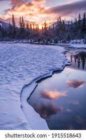 Early Morning At A Creek Near Canmore, Alberta, Canada At On Cold Winter Day.