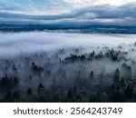 Early morning fog drifts through the scenic Willamette Valley in northern Oregon. This area is just south of the Pacific Northwest city of Portland.