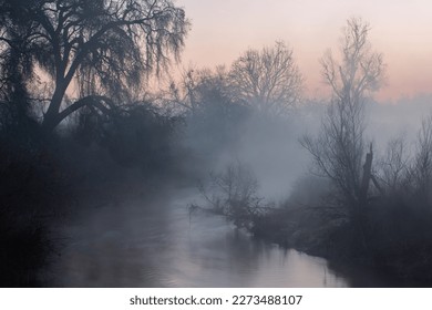 Early morning fog rises from the river and blends with the early morning light
