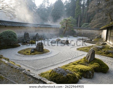 Early morning fog settles over a peaceful raked gravel Japanese Zen garden with carefully placed moss-covered rocks and a curving path.