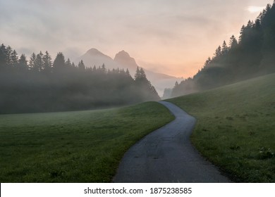Early morning haze in the Alps. There is a narrow road leading to high mountains through a meadow. The high Alpine peaks are shrouded with light fog. The sky is turning pink. Daybreak. Calmness