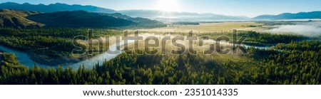 Early morning just after sunrise. Fog in the valley of the Chuya River. Coniferous forest in the fog. Kurai steppe. Summer landscape in Altai mountains, Siberia, Russia.