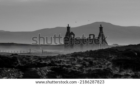 Early morning mist rising above the moorland with a derelict abandoned house ruins. Mountains in the background and birds flying over the ruins. Black and white landscape photo.