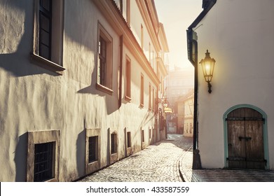 Early morning in an old street. Prague, Czech Republic