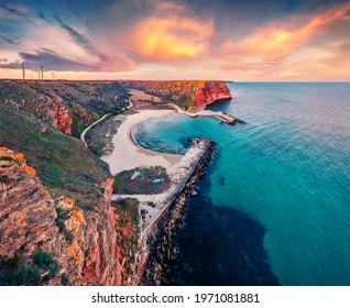 Early morning on Bolata beach. Stunning spring seascape of Black sea. Adorable  sunrise in Bulgaria, Europe. Beauty of nature concept background.