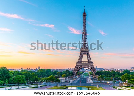 Early morning shot of the Eiffel Tower at sunrise on the River Seine in Paris, France