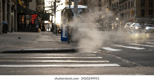 Early Morning Street Scene with Steam Vent in the New York City - Powered by Shutterstock