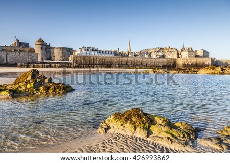 Early morning sun on the old French port of St Malo, Brittany, France.