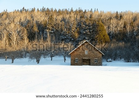 Early morning sunny winter landscape featuring a shingled brown rustic cabin set in fresh snow with mixed trees and mountain in the background, St-André-de-Kamouraska, Quebec, Canada
