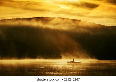 Early Morning Sunrise, Boating On The Lake In The Sunlight 