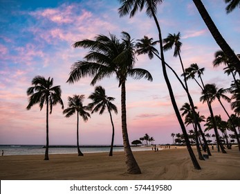 Early morning sunrise, the sky is a fantastic atmosphere of Waikiki Beach in Honolulu, Oahu Island, Hawaii, USA. Waikiki Beach in the center of Honolulu has the largest number of visitors in Hawaii.