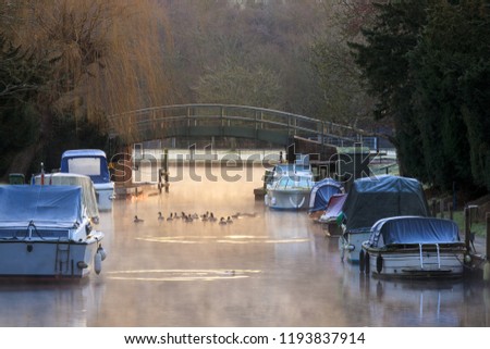 Early morning winter riverside photo in Henley on Thames with mist, ducks and boats