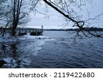 Early snowfall at Lake Littoinen, Kaarina, Finland.