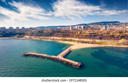 Early spring in Varna. Aerial morning view of Varna port. Amazing seascape of Black sea, east coast of Bulgaria, Europe. Traveling concept background.