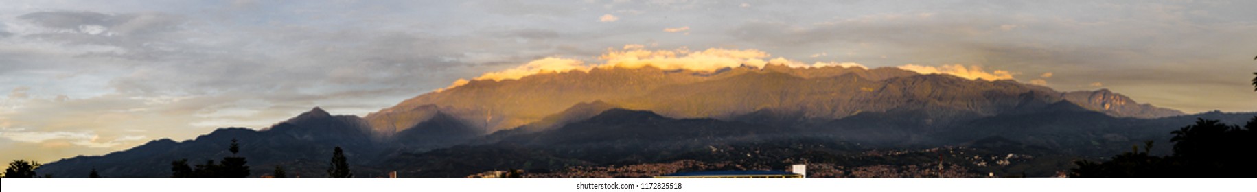 Early Sunrise Panoramic Shot Of Farallones Mountains In Cali, Colombia.