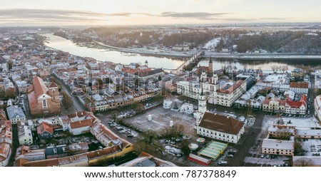 Early winter morning in Kaunas old town, Lithuania. Drone aerial view