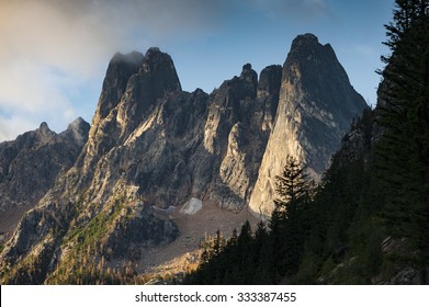 Early Winters Spires. Liberty Bell Mountain is located in the North Cascades, approximately one mile south of Washington Pass on the North Cascades Highway and is popular among rock climbers.