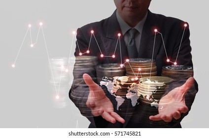 Earn Money Concept With Businessman That Holds Golden Coins