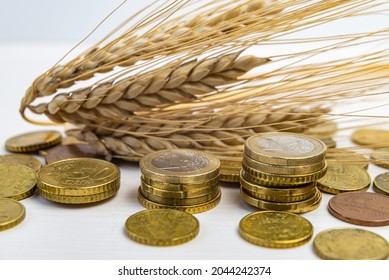Ears of wheat on a clear surface, and coins beside it. Cost of grain, price increase, grain prices.  - Shutterstock ID 2044242374