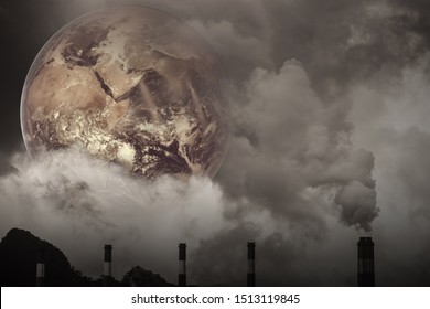 Earth With Air Pollution Crisis Toxic Sulfur Smoke From Coal Power Plant Industrial Carbon Emit Concept. Elements Of This Image Furnished By NASA