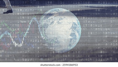 Earth with binary code and financial data image. Global, technology, finance, digital, network, economy