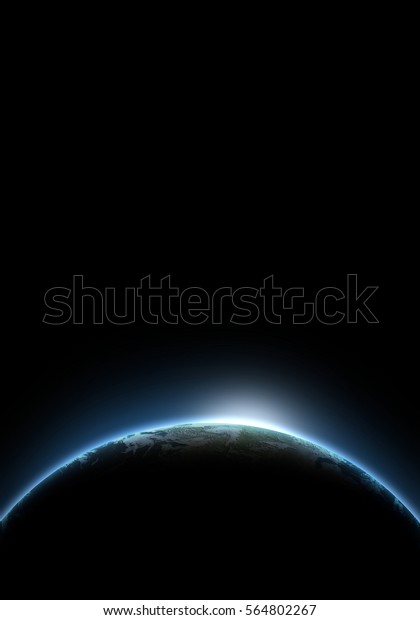 Earth with bright sun\
light in the space. Black background. Place for text and\
infographic. Elements of this image furnished by NASA. Astronomy\
and science concept. 