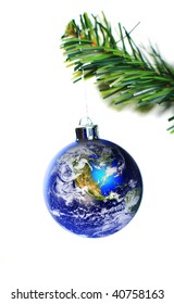 Earth christmas decoration isolated on white background. Some components of this montage are provided courtesy of NASA, and can be found at http://visibleearth.nasa.gov