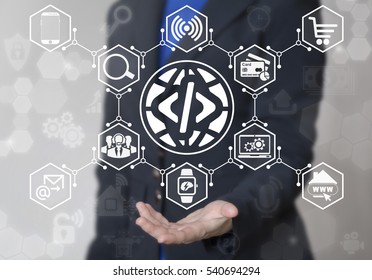Earth coding business web computing concept. Globe code icon. Businessman offers seo optimization website internet technology