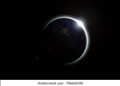 The Earth Covers The Sun In A Beautiful Solar Eclipse. The Dark Side Of Planet Earth, Elements Of This Image Furnished By NASA. Concept Science, Space, Parallel Universe.