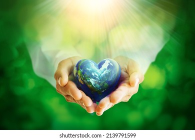 Earth Crystal Glass Globe Ball In Heart Shape In Human Hands,save Clean Planet,  World Earth Day Concept.