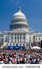 The Earth Day rally on the west front of the US Capitol the crowd of about 350,000 people filled the capitol grounds and extended 12 blocks out  onto the national mall Washington DC., April 22, 1990 
