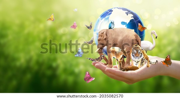 Earth Day or World Animal Day concept. Save our\
planet, protect wild nature and endangered species, biological\
diversity theme. Elephant, tiger, deer, parrot, flamingo and\
butterfly with globe in\
hand