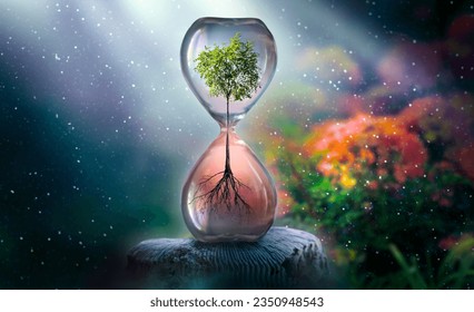 Earth Day or World Environment Day concept. Save our Planet and forest, restore and protect Green Nature, global warming and Climate change theme. Live and dry tree in Hourglass in garden.
