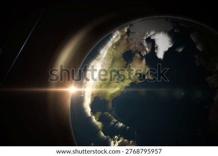Earth emerging in space 3D render, featuring clouds, atmospheric glow and solar lens flare streaks. Astronomy, planetary, celestial, universe, exploration, sci-fi, digitalart